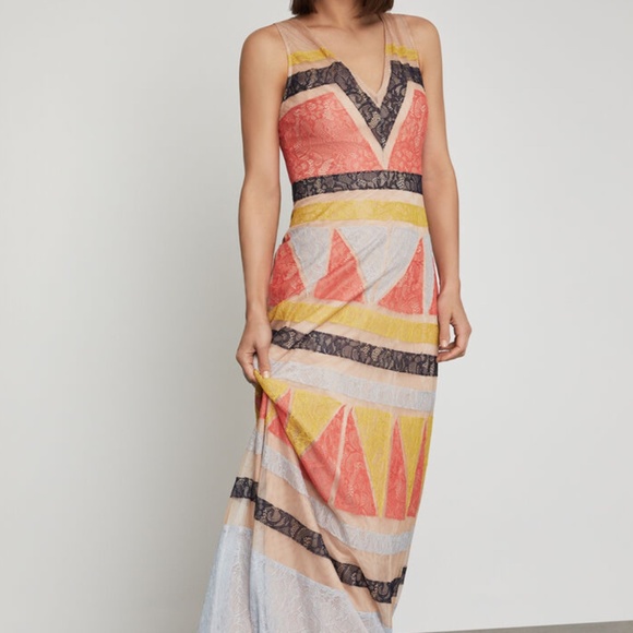 BCBGMAXAZRIA Color-Block Lace-Appliqué Maxi Dress - Picture 2 of 4